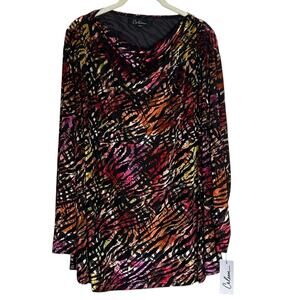 Calessa Womens Top 3X Multicolor Abstract Print Long Sleeve Stretch Cowl Neck
